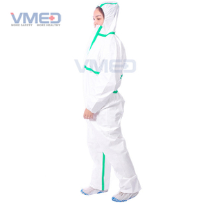 Wegwerp witte microporeuze beschermende overall met groene stroken